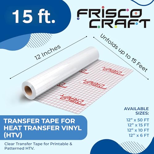 Image of Frisco Craft Transfer Tape for Heat Transfer Vinyl - Iron on Clear Tape for Printable and Patterned HTV, Indoor & Outdoor Adhesive Vinyl - Reusable UP to 5 Times, High Tack (12 inch x 15 ft)
