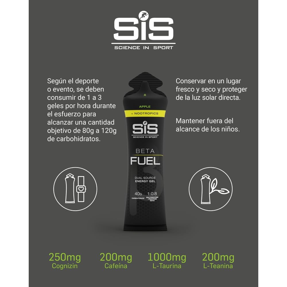 Science in Sport BETA Fuel + Nootropics Gel 6x60ml Manzana - Gel energético rico en carbohidratos con 40g de hidratos de carbono, Energy gel para deportes de resistencia