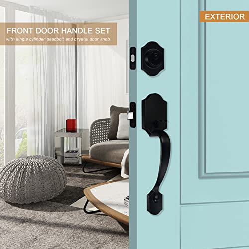 Newliplace Black Front Door Lock Set With Single Cylinder Deadbolt And Crystal Glass Knob, Entry Front Door Handle Reversible For Left & Right Handed Door, Matte Black Finish #TOP1