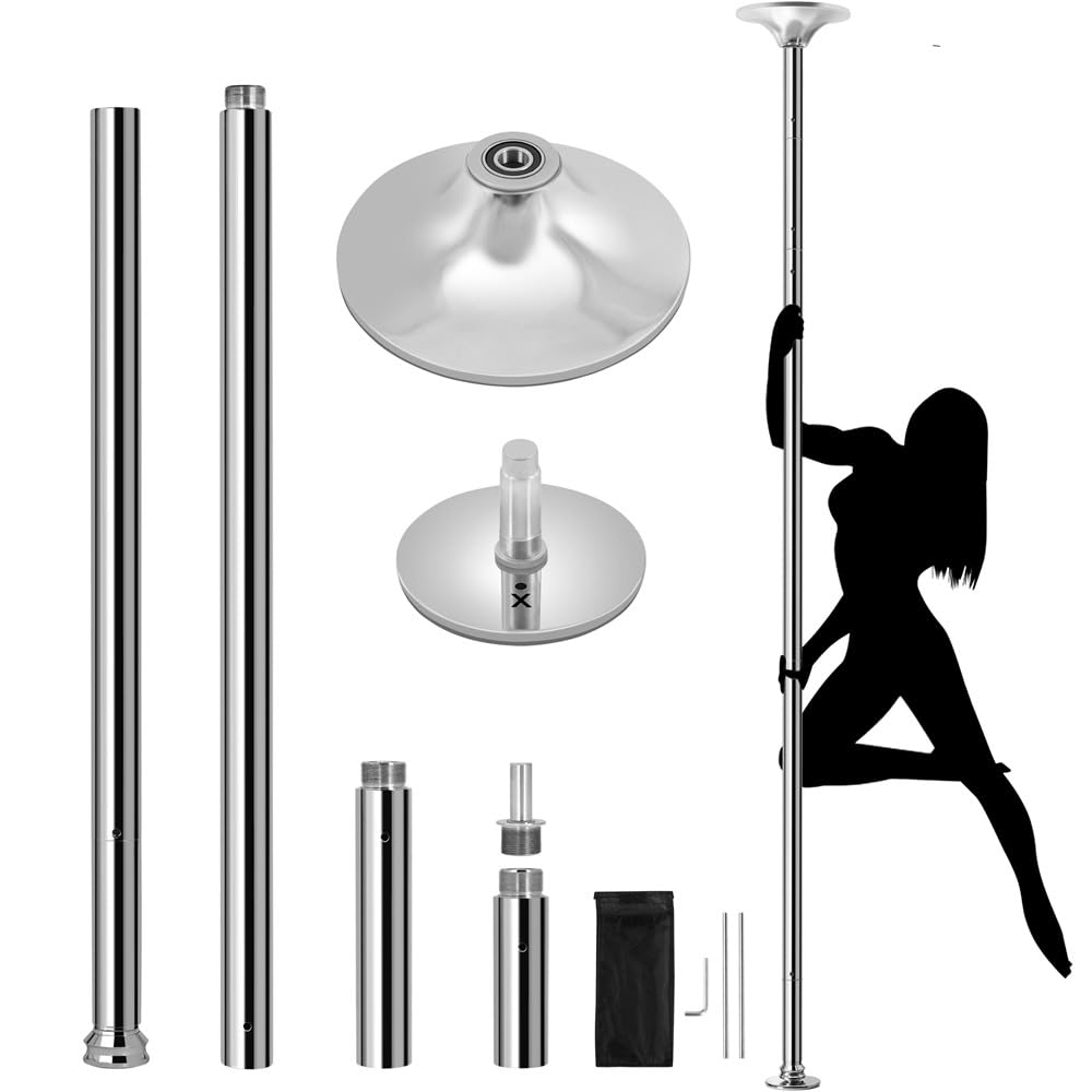 Yaheetech Barre de Pole Dance Réglable 216,5-275cm Charge 227kg Argent | Sans Fixation Plafond, Statique/Rotative, Acier Anti-Rouille Ø 45 mm, Adapté Débutants et Pros, pour Fitness, Spectacle et En