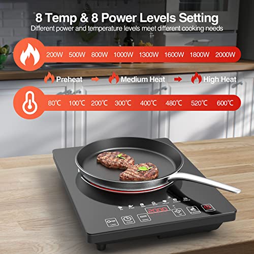 POTFYA Electric Cooktop 220V, 2000W Single Burner Electric Hot Plate with Plug 15A,8 Power Levels Electric Stove Top, Led Display, Kids Lock & Timer, Induction Cooktop for all Pans - Image 5
