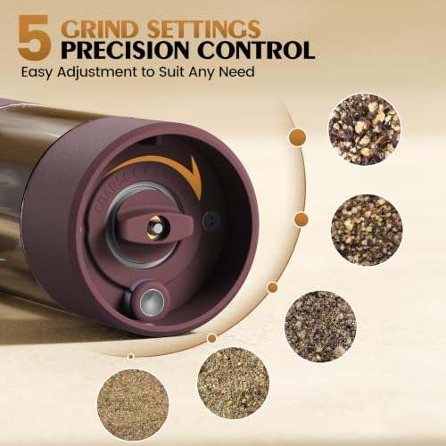 Image of Electric Salt and Pepper Grinder Set Automatic Battery Pepper Mill Shakers Adjustable Coarseness Upgraded Larger Capacity with Led Home and Kitchen Appliances(Burgundy)