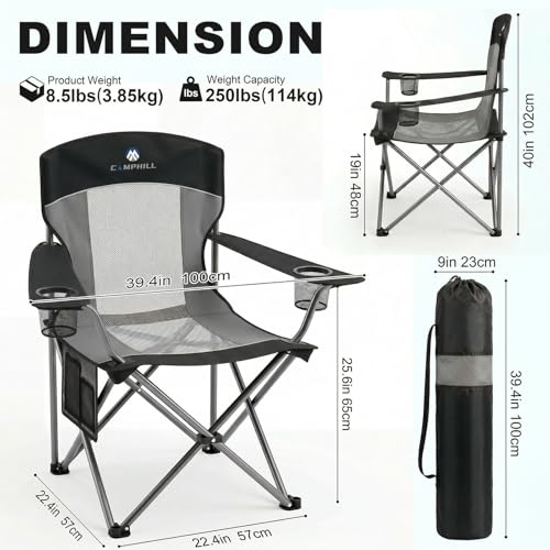 2 Pack Oversized Camping Chairs for Adults with Mesh Back, Cup Holder, Side Pocket & Storage Bag for Outdoor Activities - Image 3