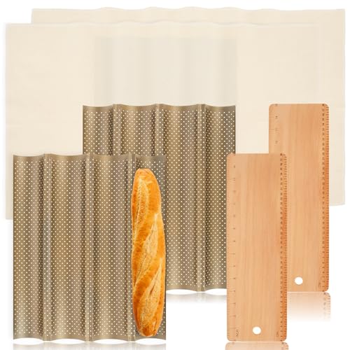 2Pcs French Bread Pan Kit with Wood Transfer Board Fermentation Cloth Nonstick Loaves Tray Heat Resistance Loaves Pan Set Perforated French Bread Baking Pan French Bread Pan for Baking 37.5x32cm