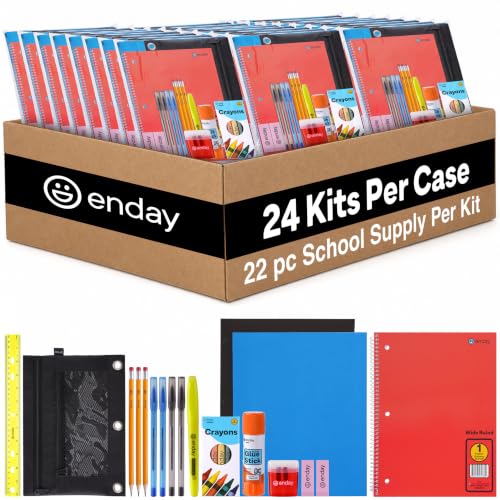 Bulk School Supplies for Kids | (22 Piece) Back to School Supplies in Each Kit, Premium Quality Kids School Supply for Girls & Boys, Kindergarten, Elementary, K-12 - By Enday