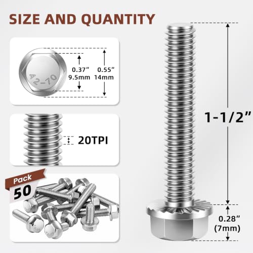 Image of Mellewell 1 /4-20 x 1-1 /2 inch Flanged Hex Head Bolts Flange Hexagon Screws, Stainless Steel A2, DIN 6921, 50 PCS
