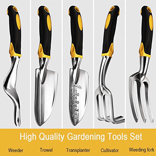 Anpress 5 Piece Gardening Tools Set Including Trowel, Transplanter, Cultivator, Weeder, Weeding Fork, Garden Tools With Heavy Duty Cast-Aluminum Heads & Ergonomic Handles #TOP1