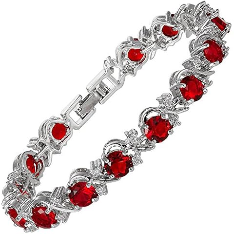 RIZILIA BLOSSOM Round Simulated Red Ruby and White Cubic Zirconia 18K White Gold Plated Tennis Bracelet, 7" Cover