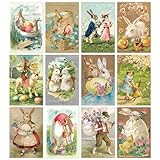 Whaline 36 Pack Vintage Easter Greeting Cards Easter Egg Bunny Rabbit Note Cards with Envelopes Stickers Retro Blank Cards Assortment for Spring Holiday Birthday Supplies