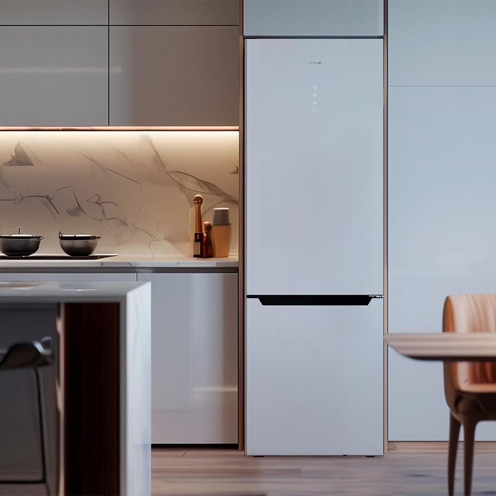 Cecotec Bolero CoolMarket Combi 356 White Glass E. 356L, Total No Frost, Multi Airflow, tryb wakacyjny, wilgotność pudełka, odwracalne drzwi, alarm drzwiowy.