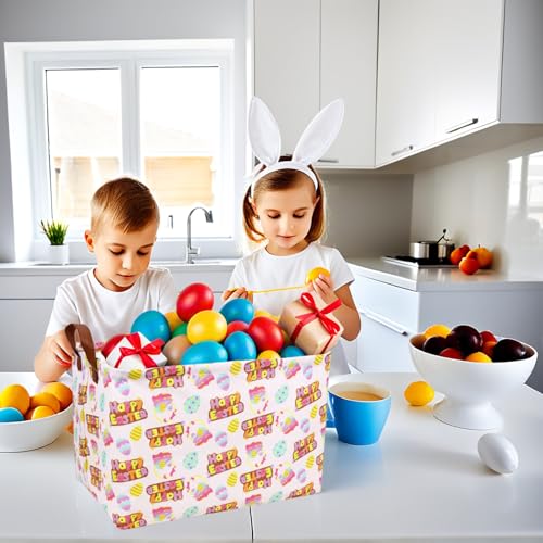 Image of Large Empty Easter Basket for Kid Baby Rectangular Cute Easter Gift Bunny Eggs Decor Storage Basket (Pink Happy Egg)