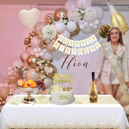 Gold Birthday Decorations, Golden Birthday Party Decorations, Happy Birthday Banner White and Gold Balloons Fringe Curtain Tablecloth Bday Sash Crown Paper Pom Poms for Women Girls Men Boys — view 3