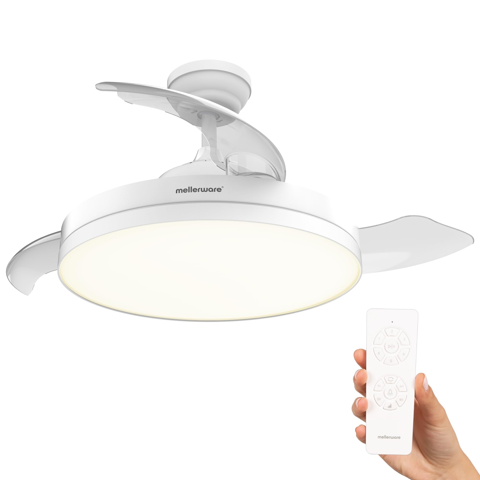 Mellerware - Brizy Faltbarer Deckenventilator 40 W | 6 Geschwindigkeitsstufen | 3 Flügel | Ø 106 cm | Ultraleiser DC-Motor | Timer | Sommer-Winterfunktion | LED-Licht