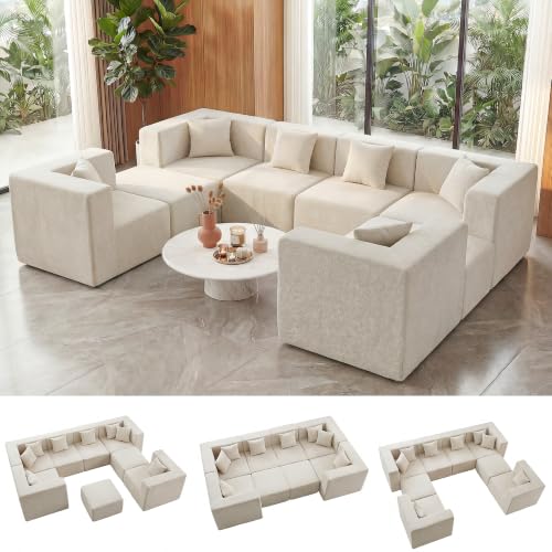 Image of MONVANE Oversized Boneless Sectional Couches for Living Room, 8-Seat Cloud Couch, Modular Sofa with Ottoman & 8 Throw Pillows, Comfy Chenille, No Assembly Required, Beige