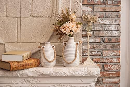 TERESA'S COLLECTIONS Vintage Ceramic Vase for Flowers, Set of 2 Decorative Beige Vases with Rope, Antique Flower Vase with Handle for Living Room, Table, Mantel, Shelf, 18.2 & 22cm Tall