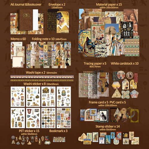 Image of Scrapbooking Supplies Kit, Egyptian Vintage Aesthetic Scrapbook Kit for Bullet Junk Journal, Ancient Egypt DIY Journaling Supplies with Hieroglyph, Pharaoh, Pyramid, Unique Gift for Teens & Women