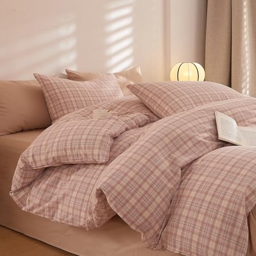 AMZTOP Khaki Plaid Cotton Duvet Cover Set King Size Duvet Cover with 2 Pillowcases,100% Washed Cotton Bedding Set for All Season,Soft Breathable Cute Comforter Covers with Zipper 104"×90"