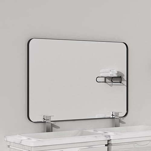 Miniatura 10 de VocalStar Espejo de baño con marco de metal negro de 24 x 36 pulgadas, espejos de tocador de pared rectangulares redondeados, casa de campo moderna,