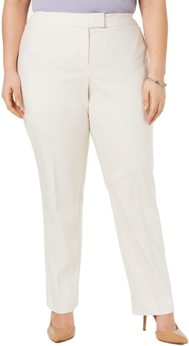 Anne Klein Womens Plus Solid Mid-Rise Straight Leg Pants Ivory 24W