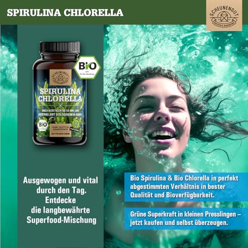 Spirulina Chlorella Tabletten -BIO- 6000mg je Tagesdosis I WICHTIG: 100% zertifzierte Bio-Ware I 500 Chlorella Spirulina Presslinge aus biologischem Anbau I Vegan DE SCHEUNENGUT®