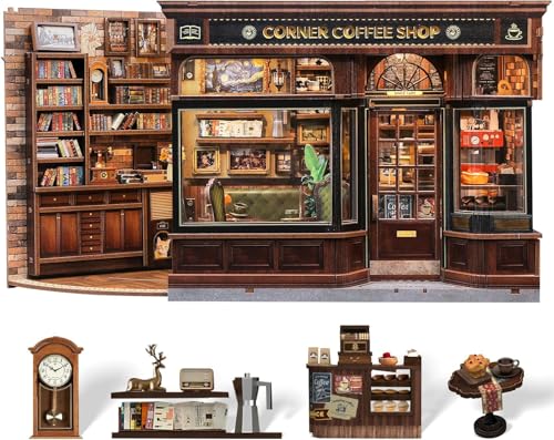 Image of Corner Coffee Shop Book Nook Kit with LED Light, DIY Miniature Cafe Bookshelf Decor, 3D Wooden Puzzle House for Adults, Teens & Gifts (294 Pieces)
