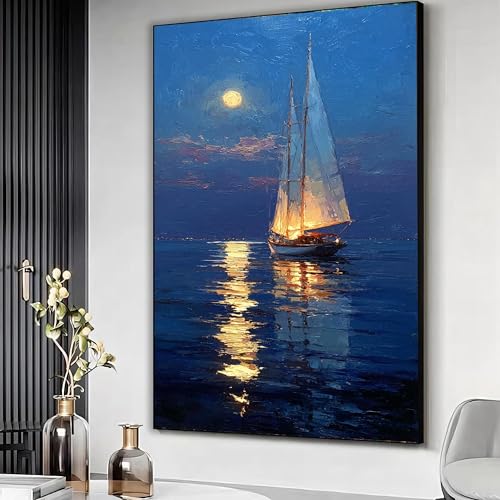 Peinture de yacht sur toile nocturne haut de gamme de 50 x 75 cm