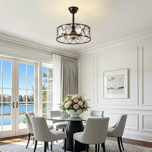 RUIYEY Crystal Ceiling Fans with Lights: 19 inch Black Caged Fandelier Ceiling Fan with Remote, Height Adjustable Reversible 7 Blades 6 Speeds E26 4 Light Modern Flush Mount Ceiling Light for Bedroom by RUIYEY - Used condition - Image 8