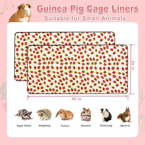 2 Pack Guinea Pig Cage Liners, 24"x48" Washable Waterproof Bedding for Rabbit, Bunny, Hamster & Small Animals, Reusable Super Absorbent Pee Pads for C&C Cage, Strawberry Print - Image 2