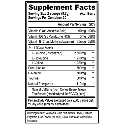 Evl Bcaas Amino Acids Powder - Rehydrating Bcaa Powder Post Workout Recovery Drink With Natural Caffeine - Bcaa Energy Pre Workout Powder For Muscle Recovery Lean Growth And Endurance - Acai Berry #TOP1
