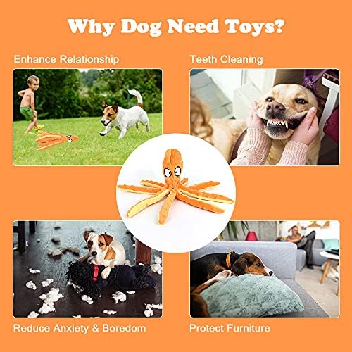 Dog Plush Toys Octopus - No Stuffing Dog Squeaky Toys with Crinkle Paper for Puppy Teething, Durable Dog Chew Toys Funny Interactive Toys for Small to Medium Dogs Training and Playing (Yellow)