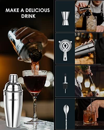 Cocktail Making Set, Cosicosy Cocktail Shaker Set 7 Pcs Professional Stainless Steel Cocktail Accessories Set with Recipes and Bar Accessories for Home Bars and Outdoor Events