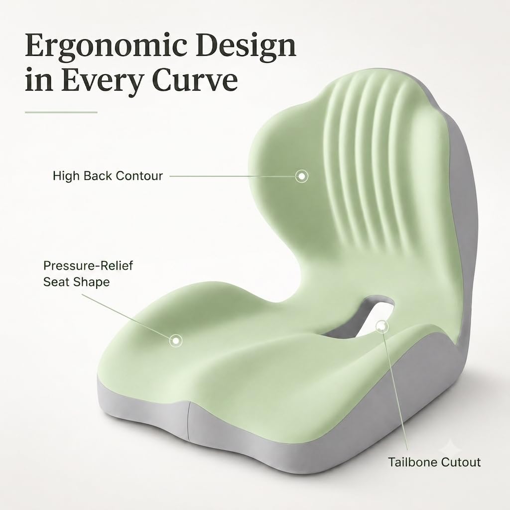 Cuscino Lombare Sedia Ufficio, Cuscino Ergonomico Sedia, Cuscino Integrato a Forma L con Memory Foam, Supporto Lombare e Apertura Traspirante per Coccige, per Sedia Ufficio, Sedile Auto