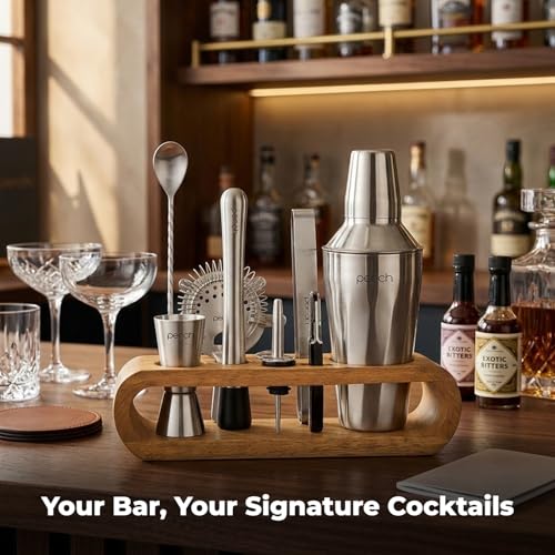 Image of O' Holic by Perch 10-Piece Bartender Kit with Mango Wooden Stand|Cocktail Shaker Gift Set with Jigger,Strainer,Spoon,Muddler, Pourers, Tongs & Corkscrew|Home Bar Accessories for Mixing Drinks (Silver)