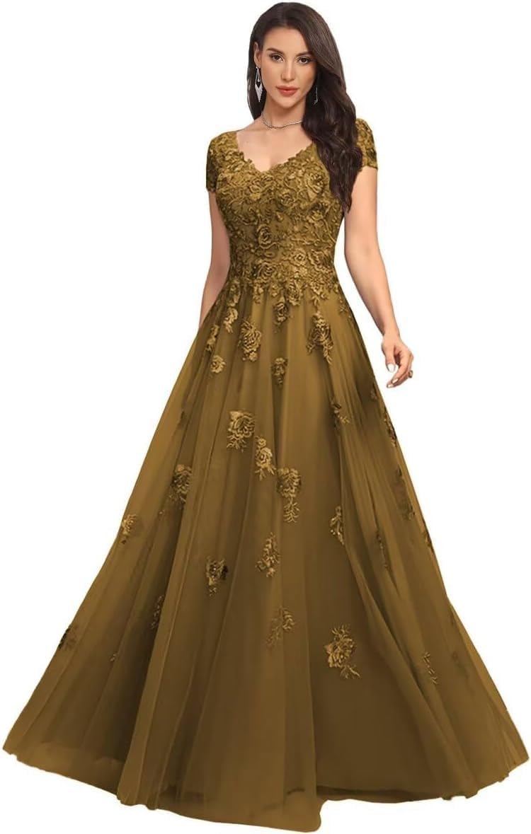 Cap Sleeve V-Neck Mother of The Bride Dresses for Women Long Tulle Formal Wedding Guest Dress Lace Appliques Evening Gowns