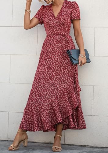 Image of PRETTYGARDEN Women's Summer Wrap Maxi Dress Casual Boho Floral V Neck Short Sleeve Ruffle Hem Split Beach Long Dresses
