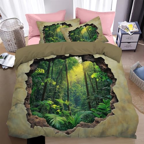 Housse de couette effet trou mural 3D parure lit marron jungle