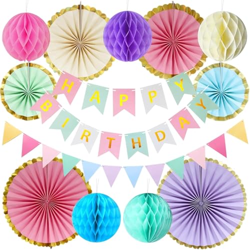 Pastel Birthday Party Decoration, Macaron Happy Birthday Paper Party Decoration for Girl Woman with Happy Birthday Banner Bunting Hanging Paper Fans, Girls Women Pastel Birthday Honeycomb Decoration