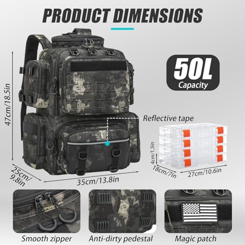 Image of Tactical Fishing Backpack with 4 Tackle Boxes, Rod Holders & Bottle Holder