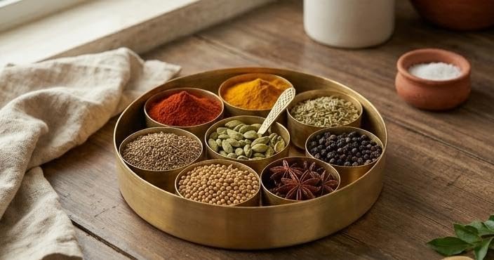 Premium Handcrafted Brass Spice Box with Peacock Meenakari Lid – Indian Masala Dabba with 7 Containers & Spoon – Authentic Kitchen Decor & Gourmet Spice Organizer