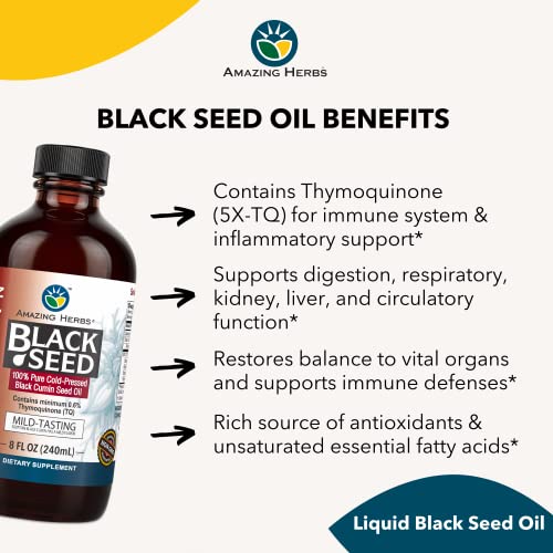 Amazing Herbs Egyptian Black Seed Oil - Gluten Free, Non GMO, Cold Pressed Nigella Sativa Supports Digestive Health, Immune Support, Mild Flavor - 8 Fl Oz