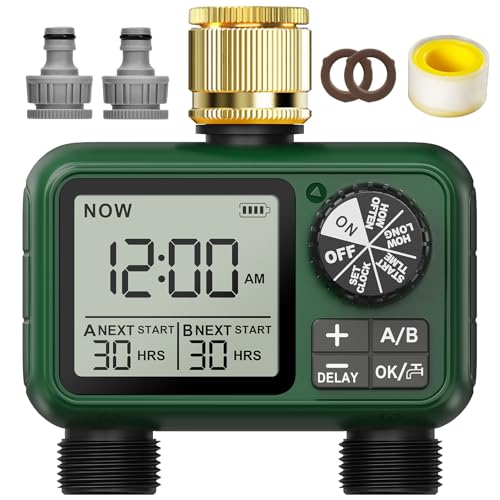 Water Timer 2 Outlets with Brass Inlet, Automatic prinkler Timer with Rain Delay/Manual Watering/large LCD display, Programmable Water Hose Timers Irrigation System Controller with Child Lock Mode