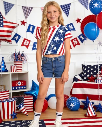 Image of DDSOL Girls July 4th Crop Tops Patriotic Shirt American Flag Short Sleeve Tshirts for Girl 6-14 Years