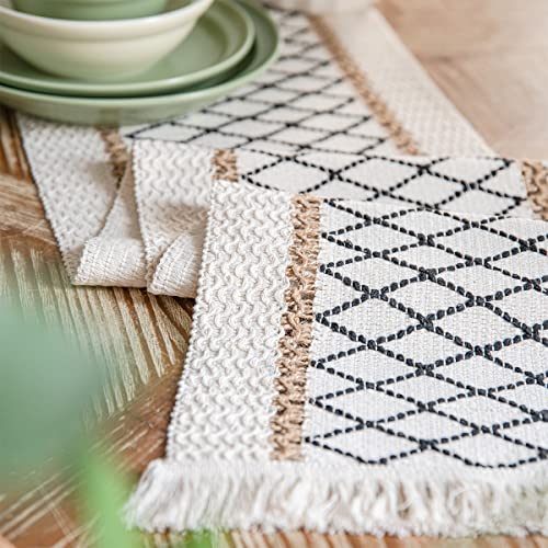 Table Runner, Boho Table Runner Cotton Linen Table Decorations, Farmhouse Table Runners With Tassels For Bohemian Wedding Bridal Shower Rustic Home Dining Table (Black/Grid/A, 12X72) #TOP1