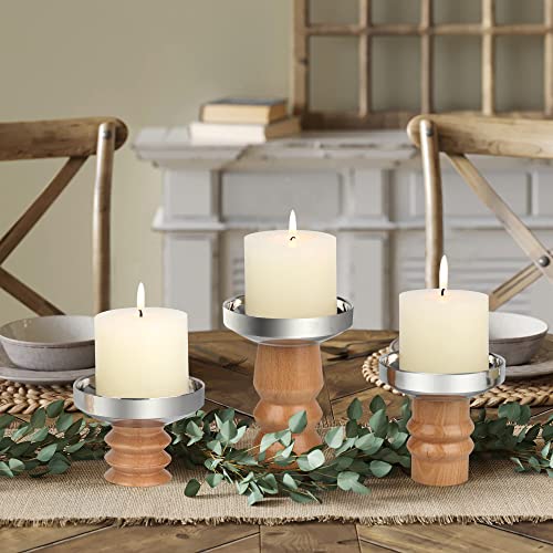 Vixdonos Pillar Candle Holders Set Of 3 Wood Candlestick Holder Stainless Steel Plate For Mantel Decor, Dining Table Centerpiece #TOP21