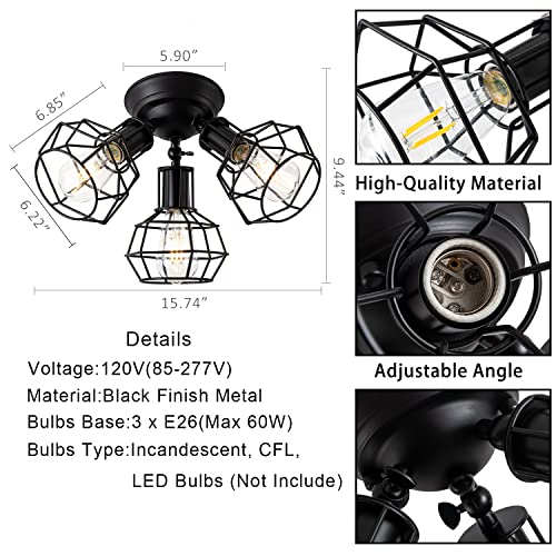 Farmhouse Black Semi Flush Mount Ceiling Light, Industrial 3-Lights Black Cage Ceiling Lighting Fixture, Vintage Adjustable Angle Ceiling Lamp For Kitchen, Laundry Room, Bedroom, Dining Room, Basement #TOP3