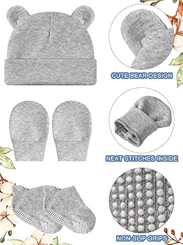 Baby Ears Newborn Hats Mittens And Socks Set For Boys Girls Beanie Hat 0-6 Month (White, Black, Gray, Light Blue, Navy Blue,5 Set) #TOP3