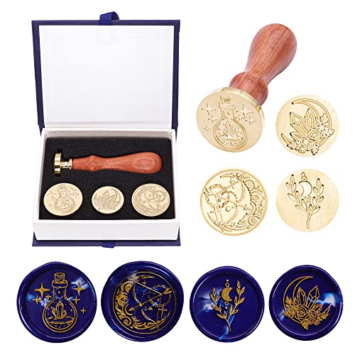SWANGSA Wax Seal Stamp Set, Vintage 4 Pieces Magic Bottle, Moon Flower Plant Sealing Wax Stamp Heads + 1 Wooden Handle Sealing Stamp Kit - Thumbnail 2