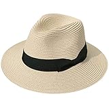 Lanzom Women Wide Brim Straw Panama Roll up Hat Fedora Beach Sun Hat UPF50+ (Z-Bowknot Khaki)