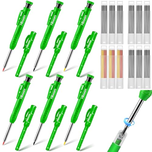 Hiboom 6 Pack Solid Carpenter Pencils Mechanical Construction Pencils with 72 Pcs 2.8 mm Lead Refills Pencil Cap Built In Sharpener Woodworking Marking Tools for Architect Long Nosed Deep Hole Scribe