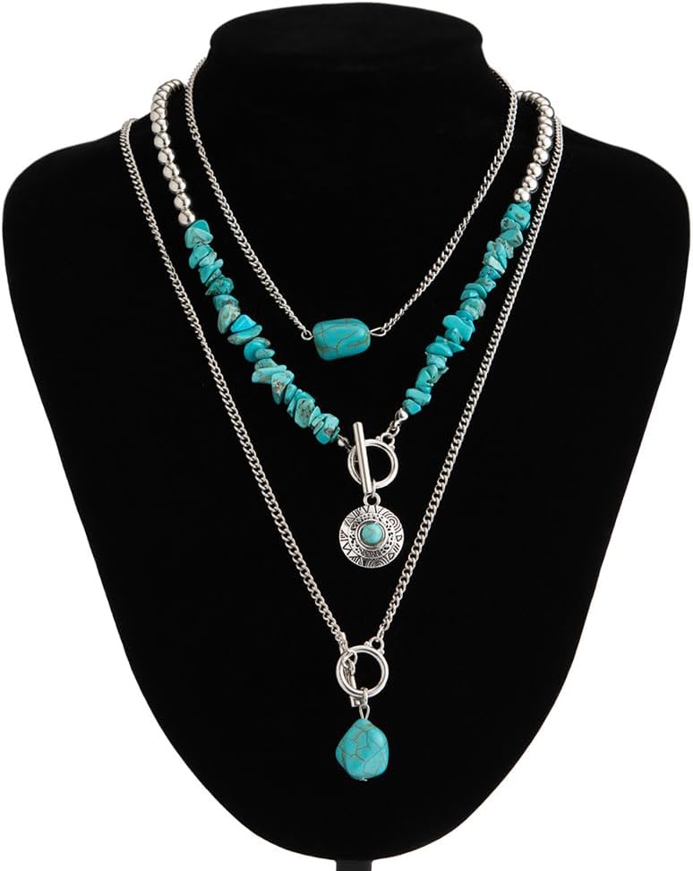 Boho Western Necklaces for Women Vintage Turquoise Beaded Layered Necklaces Cowboy Hat Cow Head Pendant Necklace Set Cowgirl Jewelry Accessories - Image 7